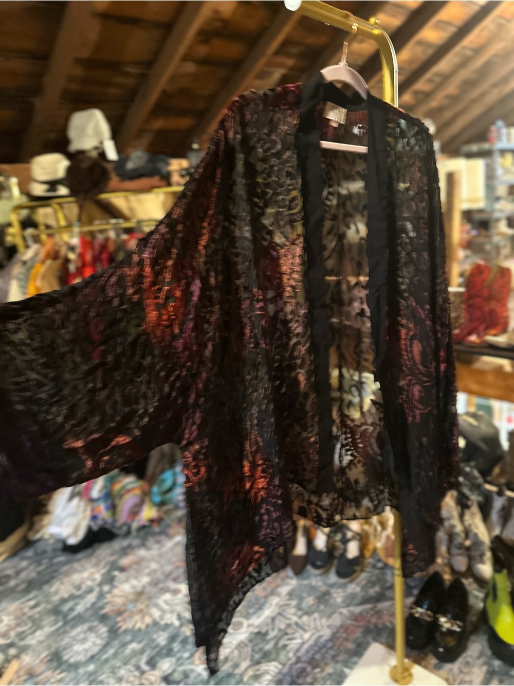 Sheer Burnout Velvet Kimono Camisole - Black with Red and Pink Accents - Picture 2 of 4
